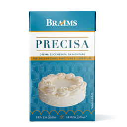 Confezione di crema vegetale zuccherata da montare Braims Precisa, senza glutine e senza lattosio, con torta decorata.