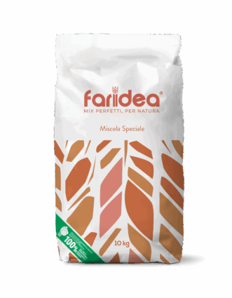 Sacco da 10 kg di Miscela Speciale Faridea, farina professionale di Agugiaro & Figna Molini con design grafico a spiga.