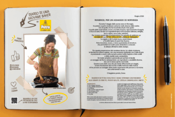 Pagina del diario di una giovane baker con ricetta del Rugbrod, farina Petra Evolutiva e Segale Jermana, foto e penna.