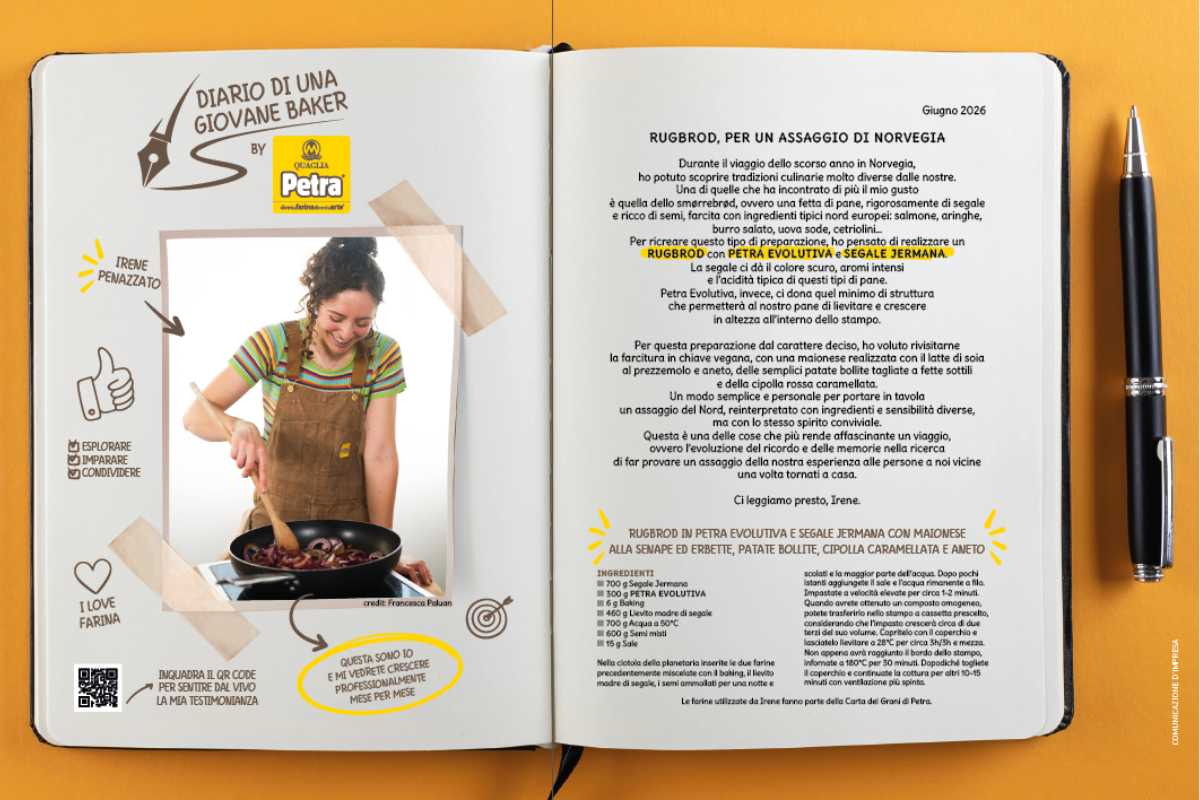 Pagina del diario di una giovane baker con ricetta del Rugbrod, farina Petra Evolutiva e Segale Jermana, foto e penna.
