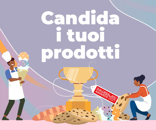 Banner promozionale per la candidatura ai Dolcesalato Awards 2027 con pasticceri, coppa premio, gelato e biscotti.