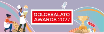 Banner promozionale Dolcesalato Awards 2027 con pasticceri, gelato, biscotti e trofeo su sfondo illustrato colorato.