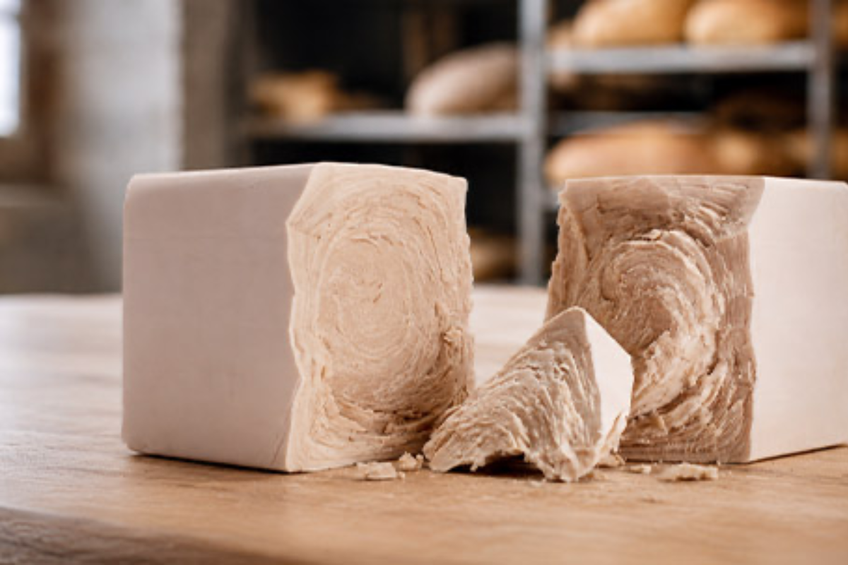Blocchi di lievito fresco per panificazione su un piano di lavoro in un laboratorio di panetteria professionale.