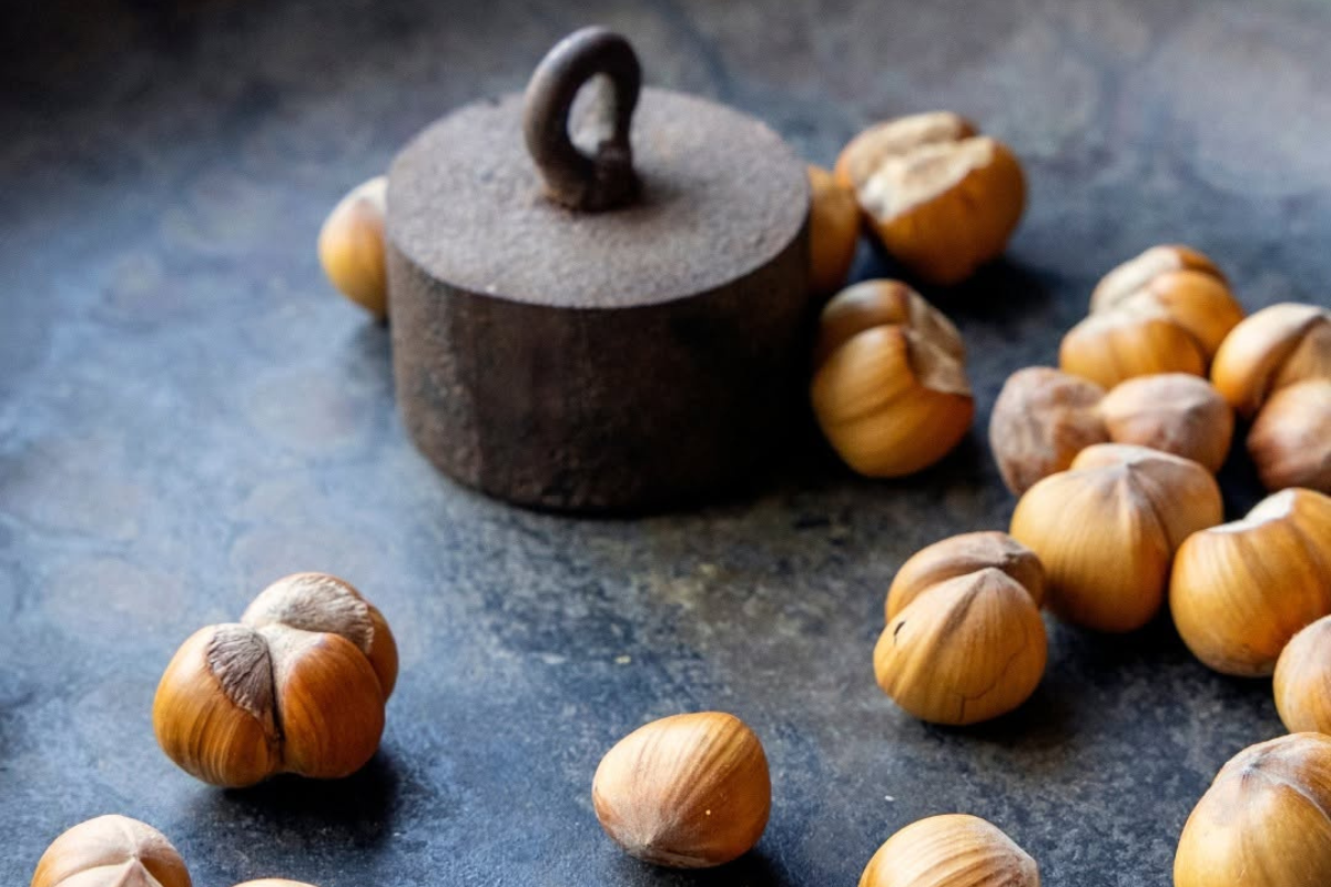 Nocciole IGP Agrimontana e Cascina Baronina: nocciole intere con guscio disposte accanto a un antico peso in ferro.