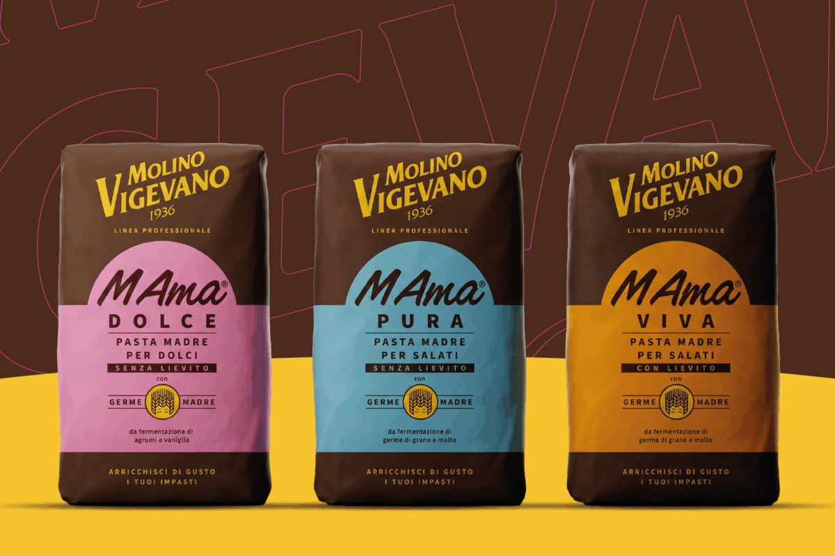 Tre confezioni di pasta madre M Ama® Molino Vigevano con Germe Madre®: Dolce, Pura e Viva per impasti ricchi di gusto.