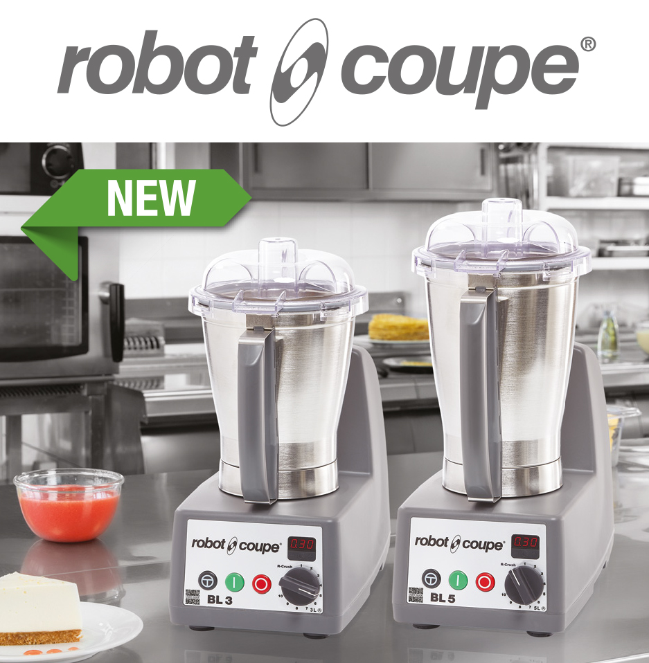 Banner promozionale Robot-Coupe con i nuovi blender professionali BL 3 e BL 5 in una cucina professionale.