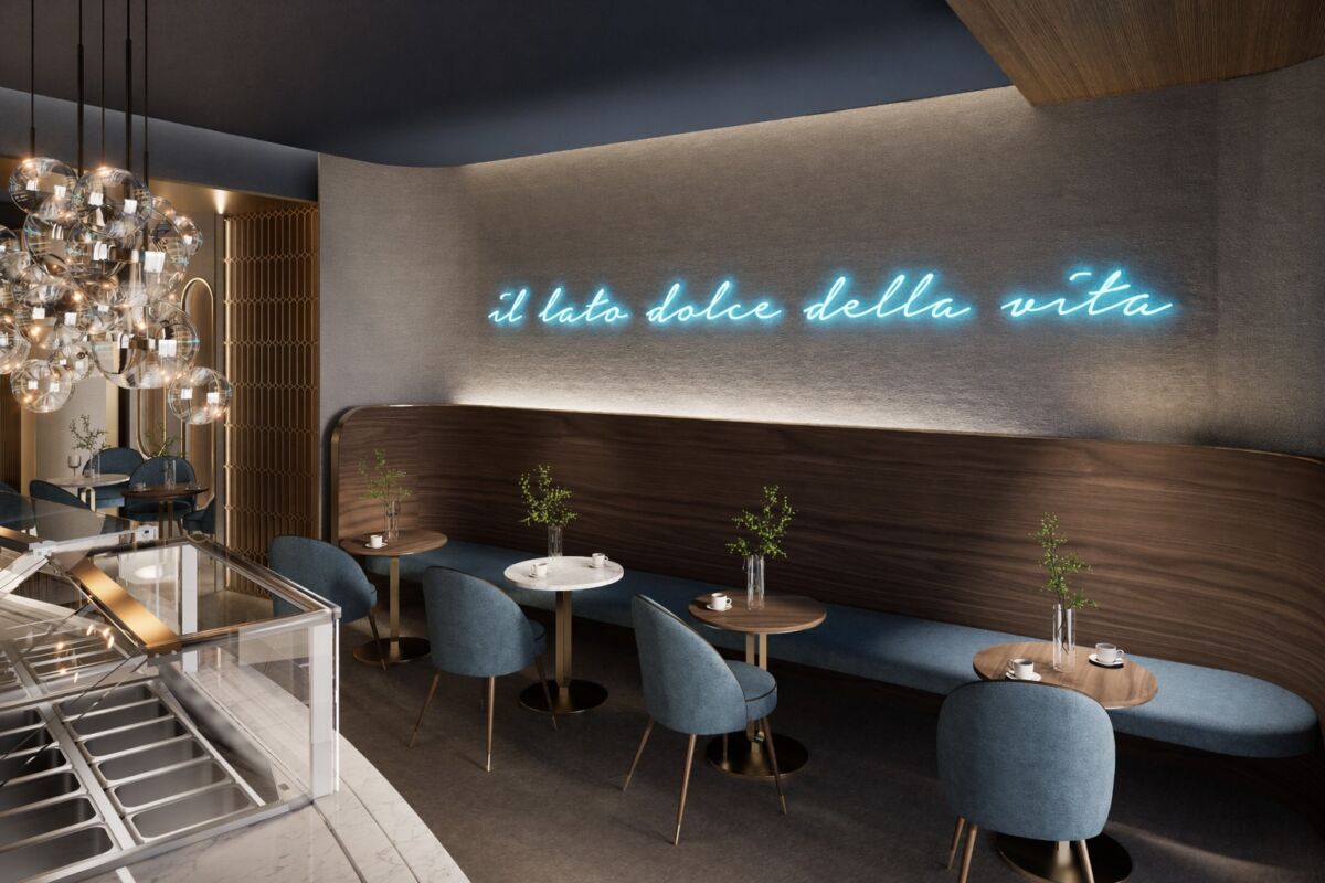 Interni eleganti di una gelateria con insegna al neon il lato dolce della vita, bancone e sedute blu
