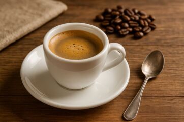 Tazzina di caffè espresso su piattino bianco con chicchi e cucchiaino, per Giornata del Caffè 2026 e trend B2B.