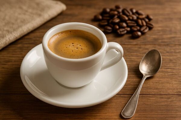 Tazzina di caffè espresso su piattino bianco con chicchi e cucchiaino, per Giornata del Caffè 2026 e trend B2B.