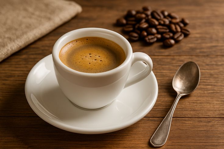 Tazzina di caffè espresso su piattino bianco con chicchi e cucchiaino, per Giornata del Caffè 2026 e trend B2B.