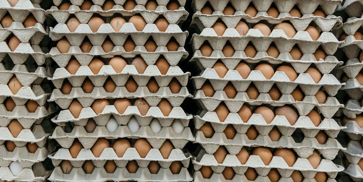 Uova fresche in cartoni impilati, simbolo della filiera italiana da 3,7 miliardi di euro