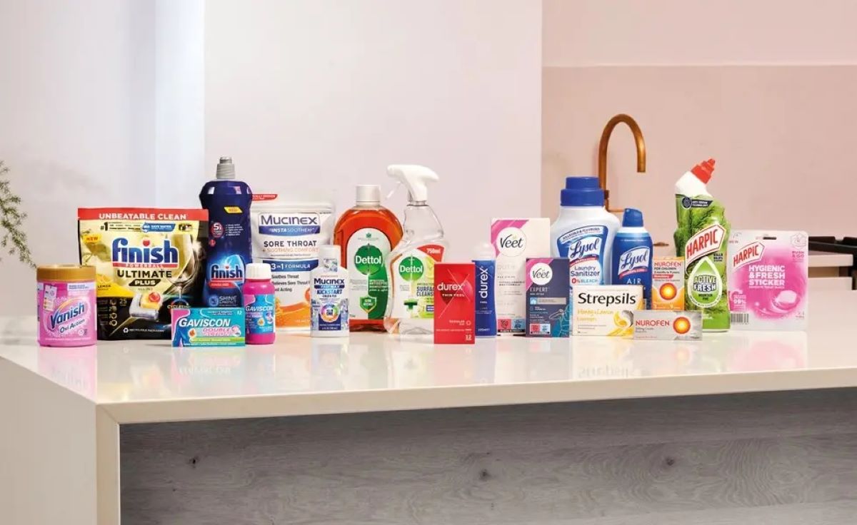 Gamma prodotti Reckitt: Finish, Dettol, Veet, Mucinex, Lysol, Harpic, Vanish, Gaviscon, Strepsils, Nurofen, Durex.