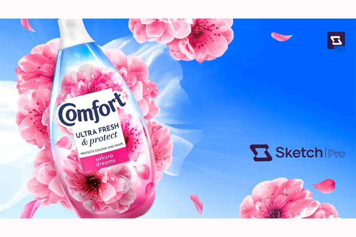 Comfort Unilever AI: flacone ammorbidente Sakura Dreams con fiori di ciliegio.