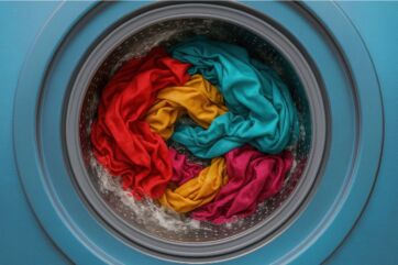 Lavatrice con bucato colorato. Smacchiatori e trattamenti per tessuti.