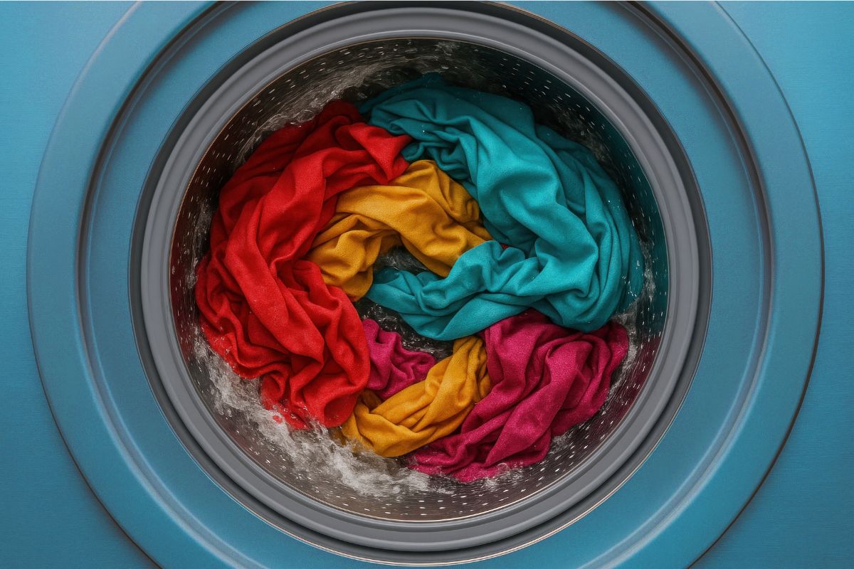 Lavatrice con bucato colorato. Smacchiatori e trattamenti per tessuti.