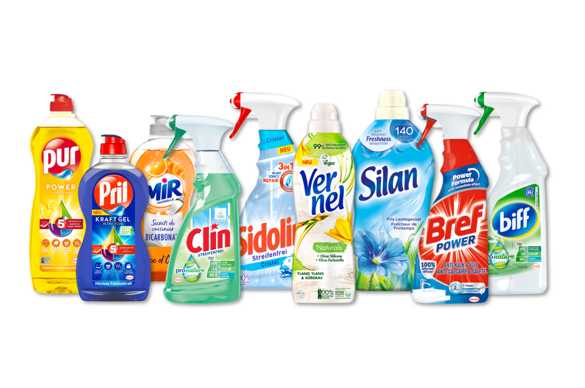 Prodotti per la casa Henkel: detersivi, detergenti, pulizia. Pur, Pril, Mir, Clin, Sidol, Vernel, Silan, Bref, Biff.