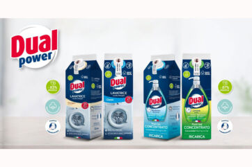 Nuovo packaging in carta riciclabile Dual Power: detersivi lavatrice e piatti. Meno plastica, più sostenibilità.