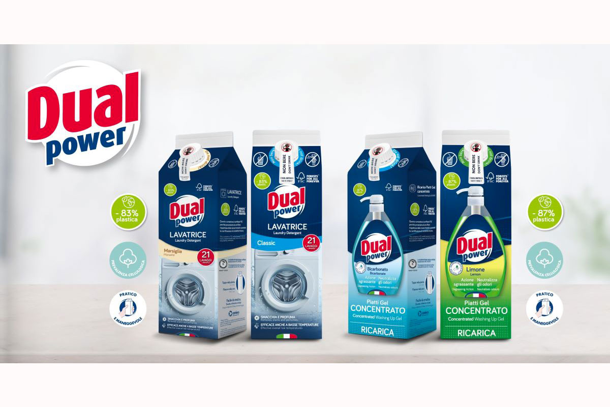 Nuovo packaging in carta riciclabile Dual Power: detersivi lavatrice e piatti. Meno plastica, più sostenibilità.