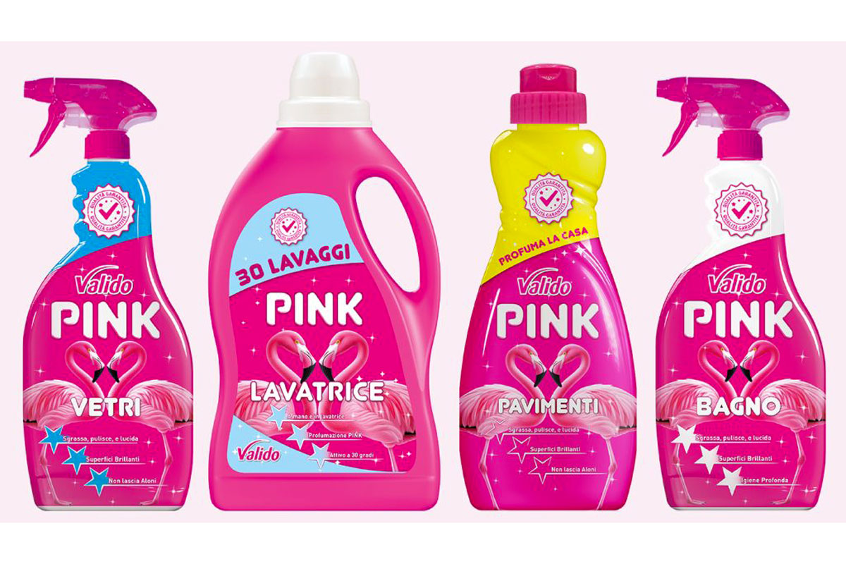 Prodotti In.Chi.Pla. Valido Pink: detersivi per vetri, lavatrice, pavimenti e bagno.
