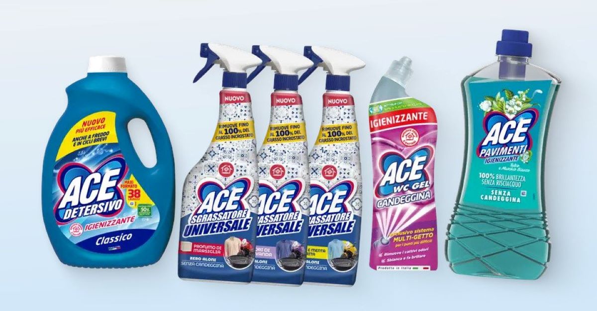 Prodotti per la pulizia ACE: detersivo, sgrassatore universale, WC gel candeggina, pavimenti igienizzante. #ACE #pulizia #igiene