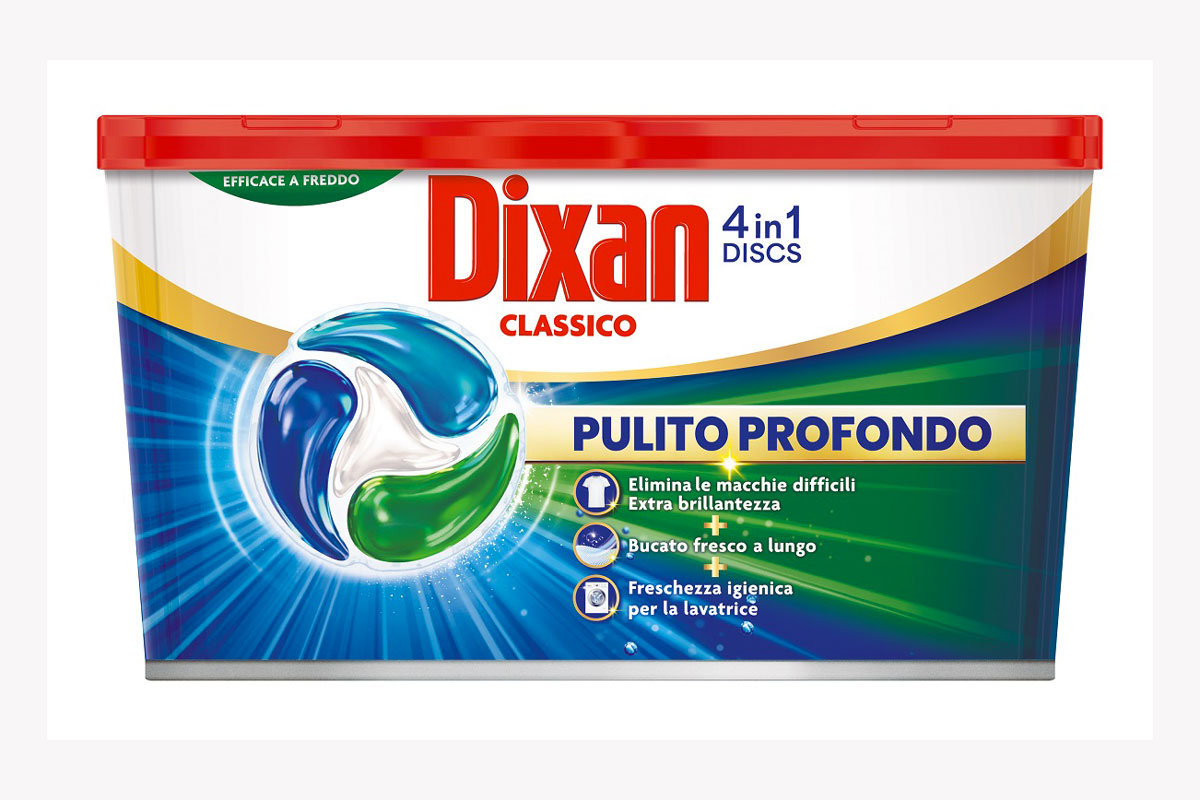 Dixan 4in1 Discs Classico, detersivo lavatrice per pulito profondo e brillantezza.
