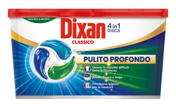 Dixan Discs 4in1 Classico: detersivo lavatrice in caps per pulito profondo e bucato fresco.