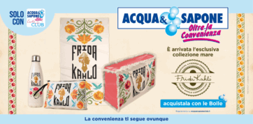 Collezione Frida Kahlo Acqua&Sapone: telo mare, borsa, borraccia. Offerta Carta Club.