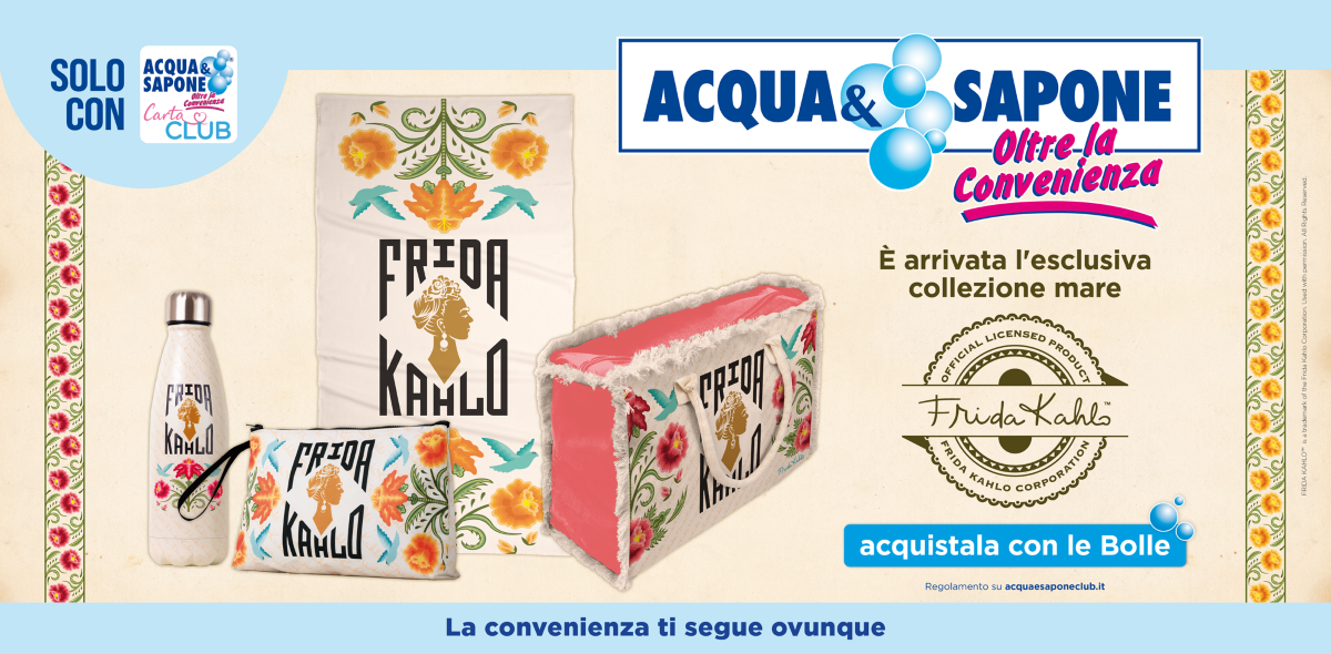 Collezione Frida Kahlo Acqua&Sapone: telo mare, borsa, borraccia. Offerta Carta Club.