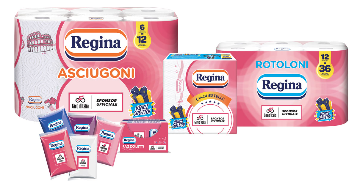 Prodotti Regina, sponsor ufficiale Giro d'Italia. Asciugoni, rotoloni, fazzoletti. Concorso Vinci Subito!. #Sofidel #GirodItalia
