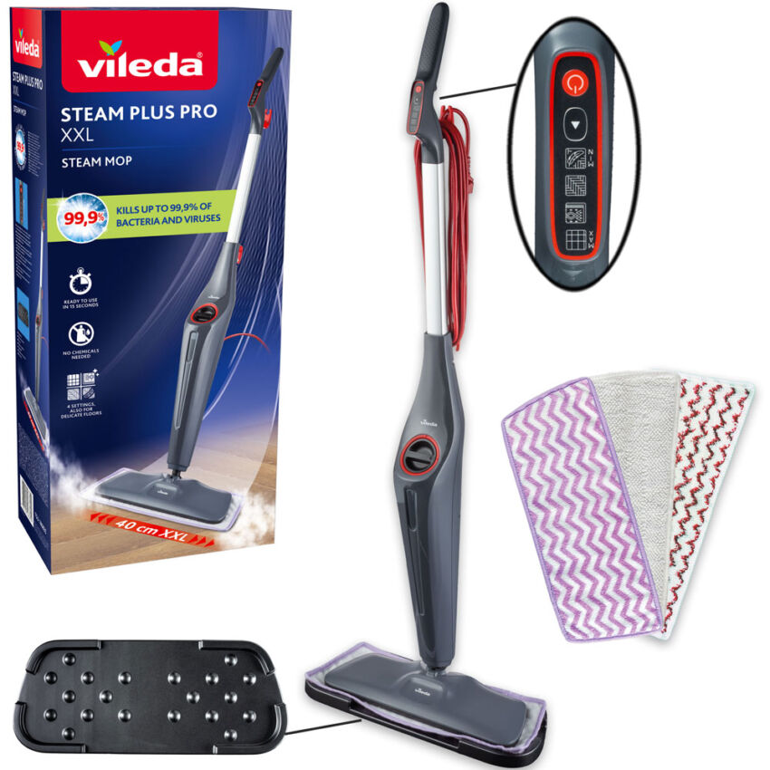 Vileda Steam Plus Pro XXL: scopa a vapore per pulizia profonda, elimina batteri e virus. Panni in microfibra inclusi.