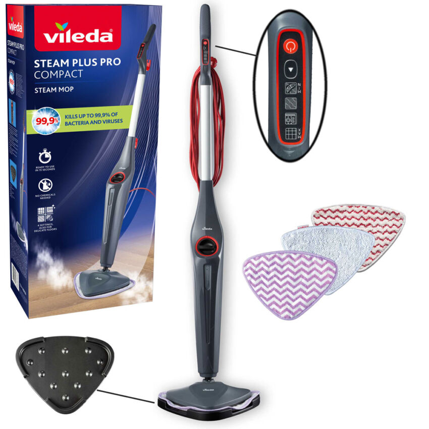 Vileda Steam Plus Pro Compact: scopa a vapore per pulizia profonda. Elimina fino al 99,9% di batteri e virus.