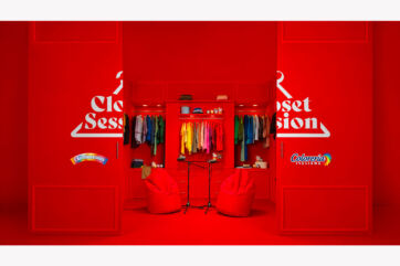 Closet Sessions di Henkel: cabina armadio rossa con abiti colorati, loghi L’Acchiappacolore e Coloreria Italiana.