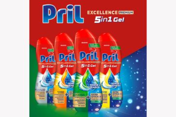 Quattro flaconi di detersivo lavastoviglie Pril Excellence Duo Gel 5in1 per una pulizia profonda e brillantezza.