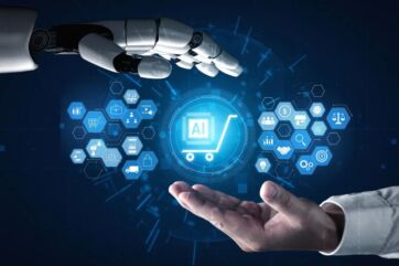 Mano robotica e umana interagiscono con icone digitali di IA e carrello della spesa per l'innovazione nella GDO.