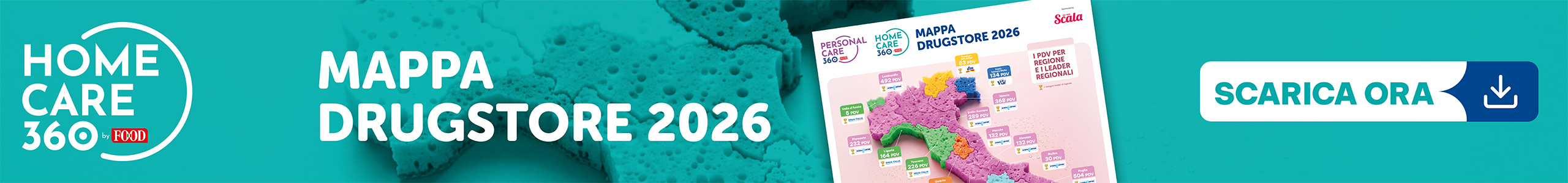 Banner LinkedIn Mappa Drugstore 2026: anteprima infografica Home Care 360 con Italia colorata e pulsante Scarica Ora.