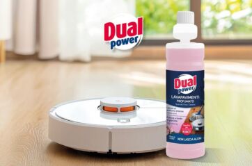 Detersivo Dual Power per robot lavapavimenti, ideale per pulire e igienizzare i pavimenti senza lasciare aloni.