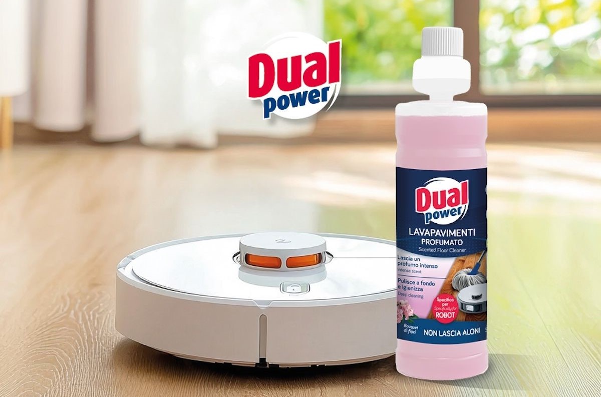 Detersivo Dual Power per robot lavapavimenti, ideale per pulire e igienizzare i pavimenti senza lasciare aloni.