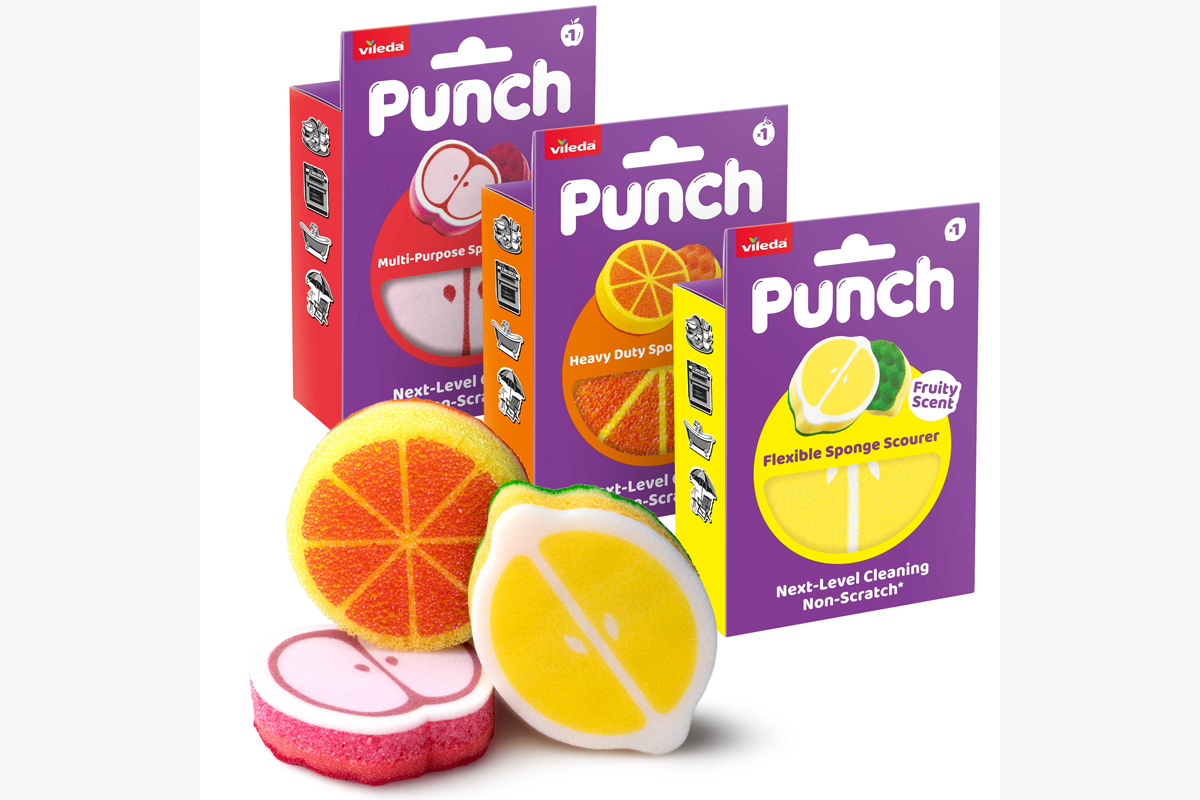 Confezioni e spugne Vileda Punch ispirate alla frutta: design a forma di mela, arancia e limone per pulizia profumata.