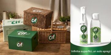 Prodotti Cif Infinite Clean e kit promozionale con cestini e scatole brandizzate per la campagna E tu che CIFai?