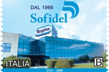 Francobollo celebrativo per i 60 anni di Sofidel, con logo aziendale e stabilimento produttivo del marchio Regina.