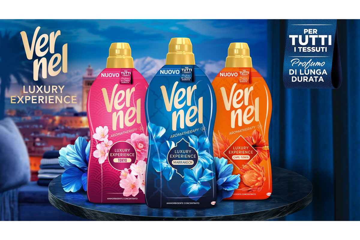 Tre flaconi di ammorbidente concentrato Vernel Luxury Experience con profumo di lunga durata per tutti i tessuti.