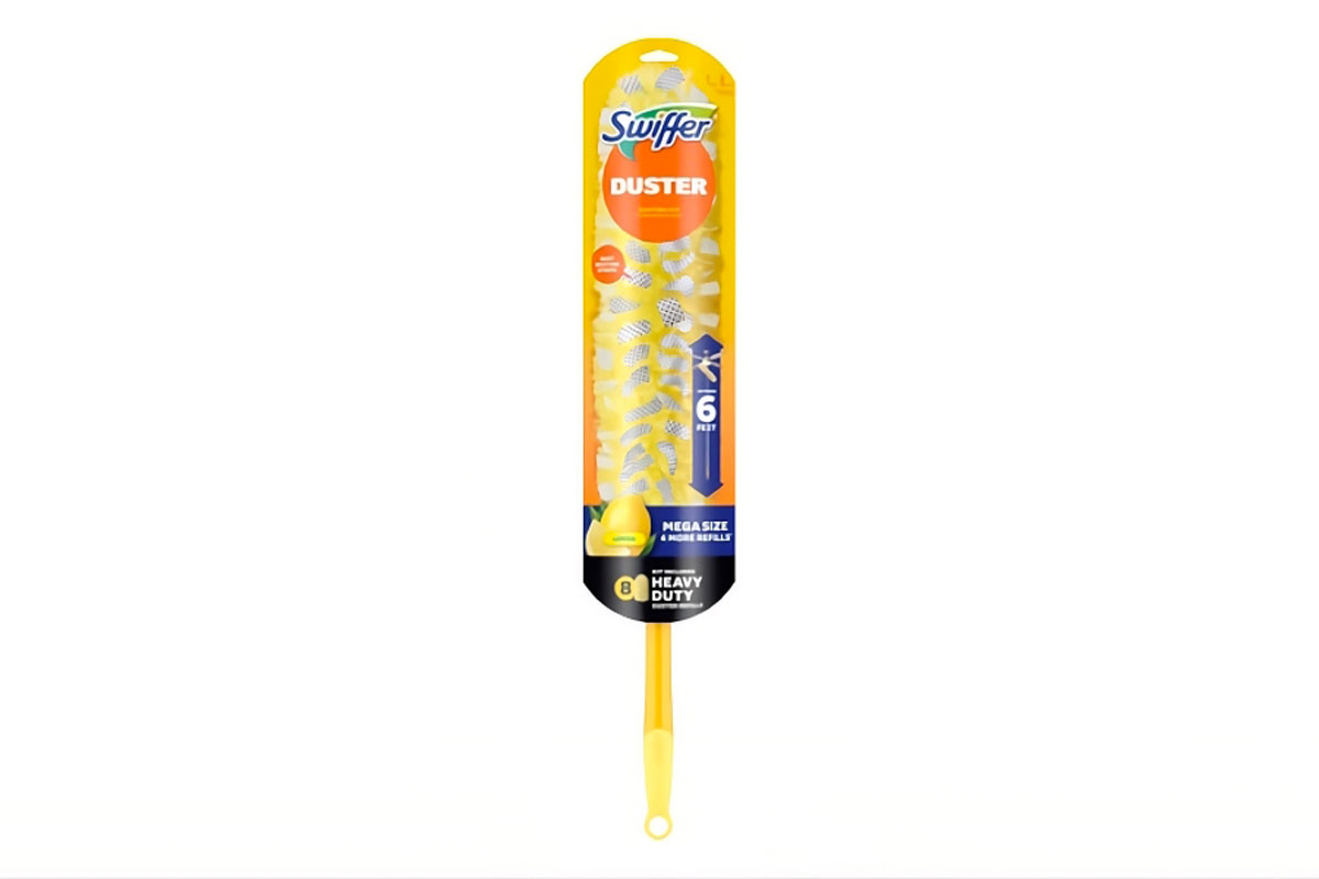 Confezione di Swiffer Duster al profumo di limone con piumini cattura polvere ricaricabili per la pulizia della casa.