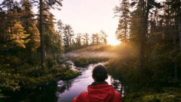 Persona in giacca rossa ammira fiume e foresta al tramonto, simbolo di scelte sostenibili e salutari.