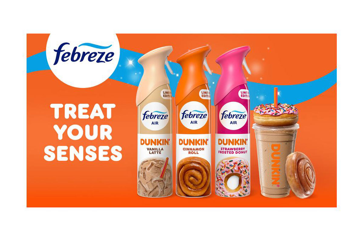 Spray Febreze Air in limited edition Dunkin' con profumazioni Vanilla Latte, Cinnamon Roll e Strawberry Frosted Donut.