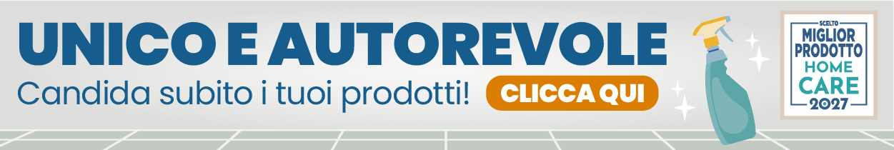 Banner Unico e Autorevole per candidare prodotti Home Care: flacone spray e bollino Miglior Prodotto 2025