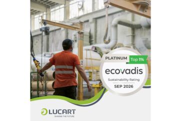 Lucart Platinum EcoVadis 2026: operaio in stabilimento e logo rating sostenibilità Top 1%
