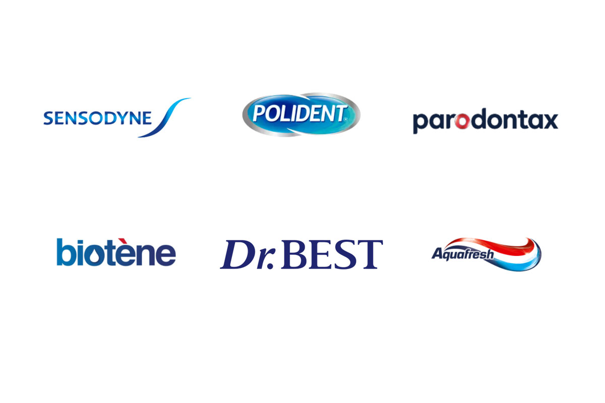 Loghi Haleon: Sensodyne, Polident, Parodontax, Biotène, Dr.BEST, Aquafresh. Igiene orale e dentifrici.