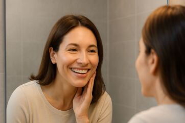 Donna che sorride davanti allo specchio, simbolo di benessere e cura di sé, rappresenta la campagna Oral-B “The Change” dedicata alla trasformazione quotidiana attraverso l’igiene orale.