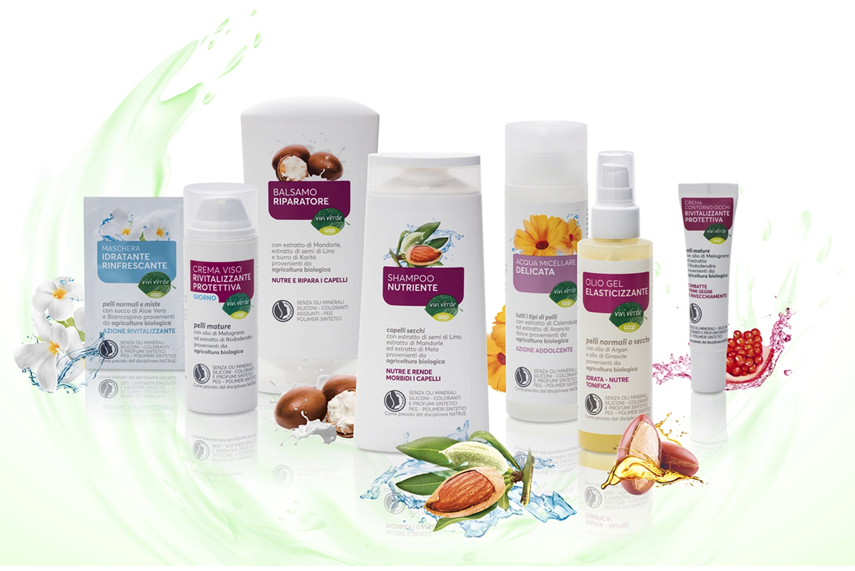 Linea biocosmesi ViviVerde: shampoo, crema viso, olio gel, maschera idratante. Cosmetici naturali per la cura della persona.
