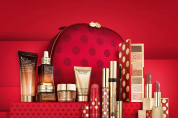 Estee Lauder: cosmetici e make-up lusso. Trousse rossa a pois, rossetti, mascara, ombretti e creme viso. Bellezza e cura della pelle.